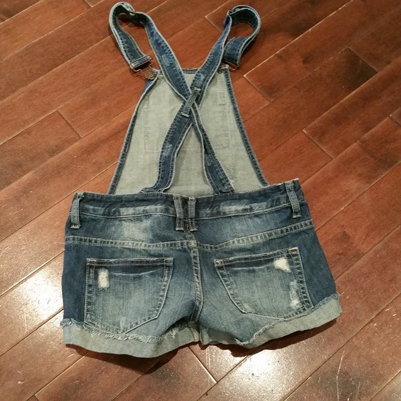 Garage Distressed Denim Short Overalls - Picture 2 of 4